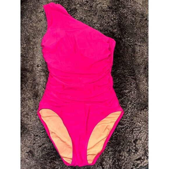 J.Crew Hot Pink Radiant Fuchsia Ruched One Shoulder One Piece Swimsuit Sz 8 Pool - Picture 2 of 9